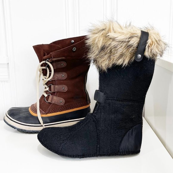 😍 SOREL WOMAN JOAN OF ARCTIC SNOW BOOTS BORWN WATERPROOF SUEDE FAUX FUR TOP 😘 - Picture 3 of 13